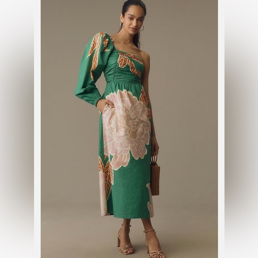 Farm Rio x Anthropology One-Shoulder Printed Midi Dress Green